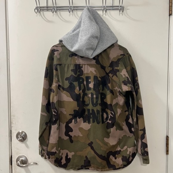 Rue 21 Green Camouflage Drawstring Button Hooded Shirt Jacket Shacket Sz LG - Picture 6 of 12